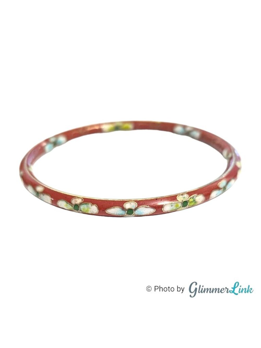 Vintage Floral Cloisonne Bangle Bracelet Maroon Green 8 Inch